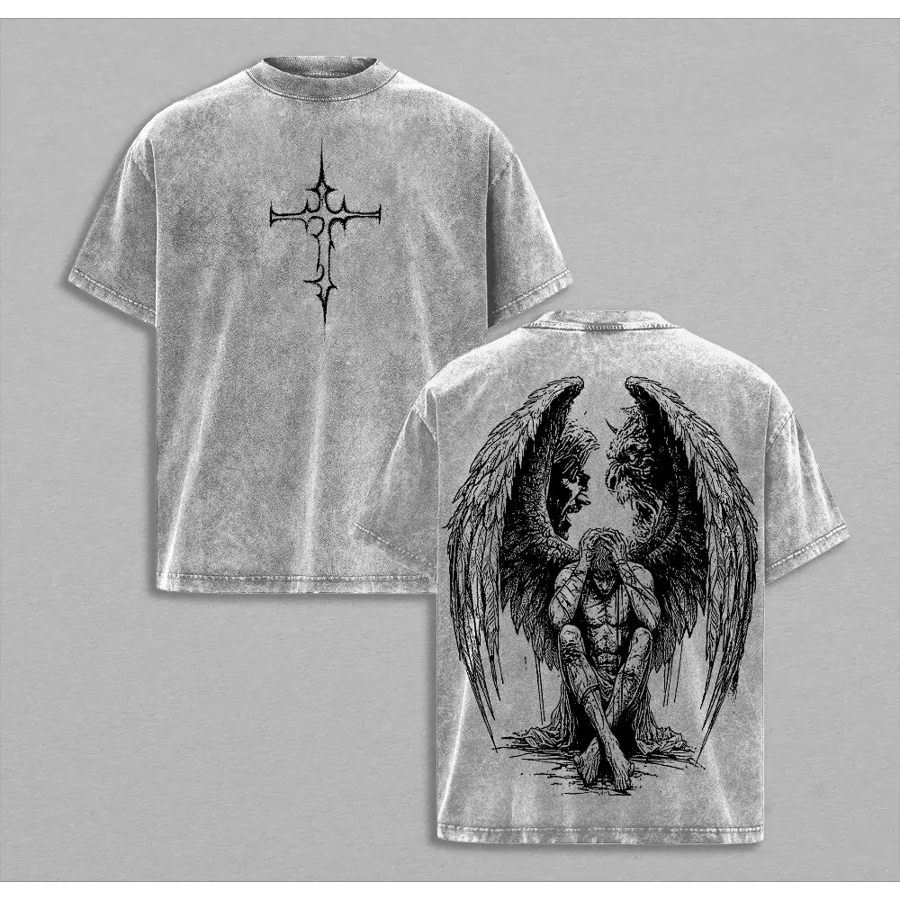 Tormented Angel T-Shirt Washed , Fallen Dark Angel Oversized Tee, Gothic Angel of Despair Shirt, Heavyweight Cotton Washed Heaven and Hell Streetwear Angel vs Demon Art Jesus Apparel Christ the Savior