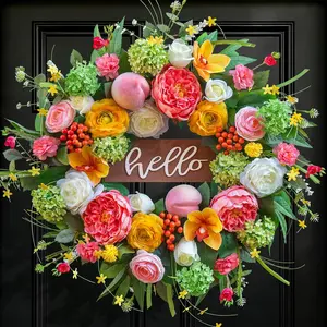 Spring Wreath for Front Door, 24 Inch Artificial Spring and Summer Wreath with Peony, Rose, Orchid, Hydrangea and Gardenia Flowers, Peach, Berries and Hello Wooden Sign, Decor for Indoor Outdoor