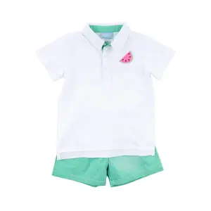 Sweet Watermelon Embroidered Green Gingham Polo Short Set