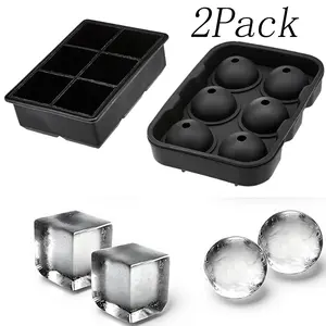 2 Pack Silicone Ice Cube Trays,Easy-Release Ice Molds,7 x 5 x 2.2 inches Round and 6.5 x 4.4 x 2.0 inches Square Ice Cube Maker,for Whiskey, Cocktails