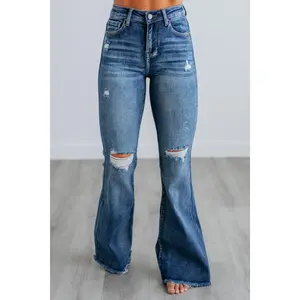 Jeans High Rise Flared Leg Raw Edge Frayed Hems Distressed Denim Medium Wash True to Size Comfortable Fit Women's Flare Leg Stretch Jeans