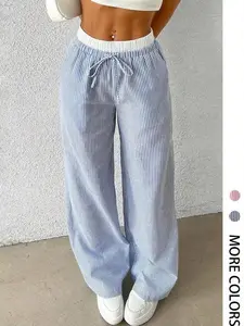 Trousers for Women, Women's Striped & Patchwork Print 2-in-1 Drawstring Waist Wide Leg Pants, Casual Elastic Waist Pocket Trousers for Spring & Fall, Trousers for Women, Streetwear, Fashion Women's Pants Bottoms for Daily Wear, Clothing Women