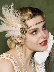 1-piece 1920s-style crystal and feather geometric hair clip - Champagne Art Deco headpiece, vintage 20th-century party accessory, suitable for Halloween, Thanksgiving, Easter girls' elegant headwear, sparkling diamond-embellished party headpiece