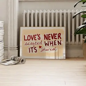 Unframed Olivia Dean Print, Love’s Never Wasted When It’s Shared, Hand-Drawn Yellow Red Poster, Bedroom Wall Art, Romantic Lyric Print