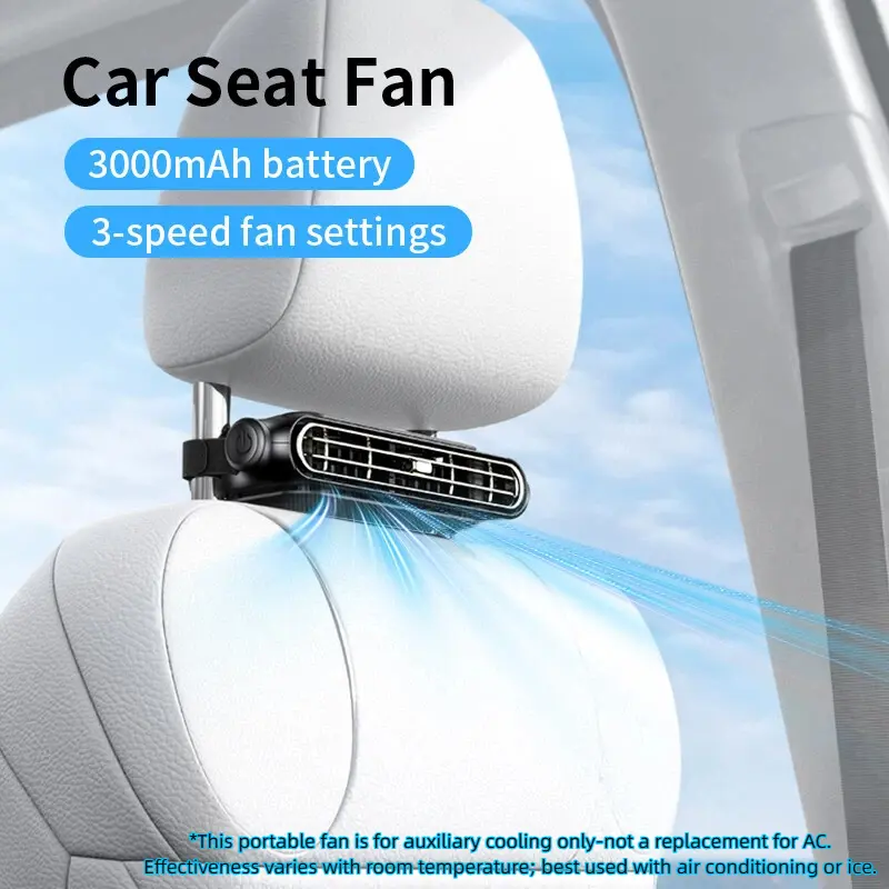 Car Seat Velcro Fan: 3 Adjustable Speeds, Built-In 3000mAh Battery, USB Charging, Suitable For Cars, Golf Carts, And Travel RVs