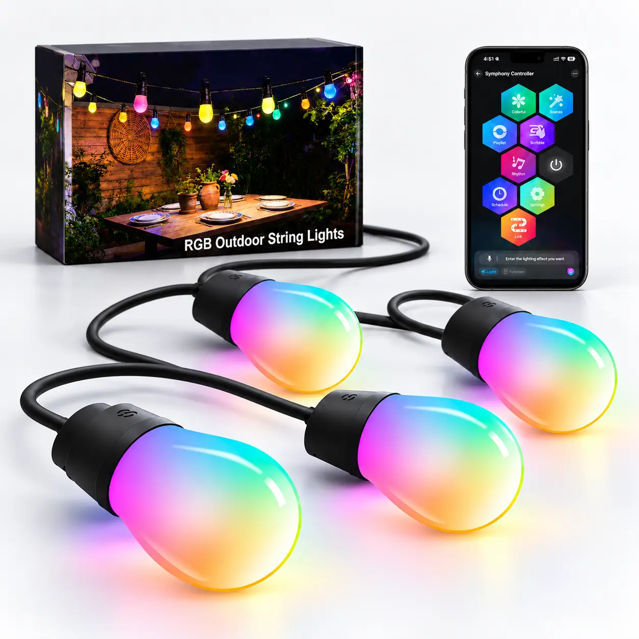 Smart RGBIC S14 Outdoor String Lights, Made in USA, Color Changing Patio Lights with Dimmable LED Bulbs, Warm White & Multicolor Lighting, App & Bluetooth Control, IP65 Waterproof for Backyard, Balcony, Party & Holiday Decor