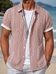 Men's Summer Red Chevron Print Shirt, Oversized Geometric Button Down Casual Top, Vacation Wear for Beach, Street, Daily #springsaledeals2026 #summeroutfits #tiktokshopmademebuyit #fyp