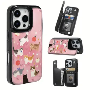 Phone Case - The TPU Phone Case with a Pink Mist Cat Fruit Party Design Is Not Solely Practical But Also Includes a Card Slot And Various Functions for Bank And Transit Cards. It Fits for Iphone 16 Pro Max, 16, 15 Pro, 14 Plus