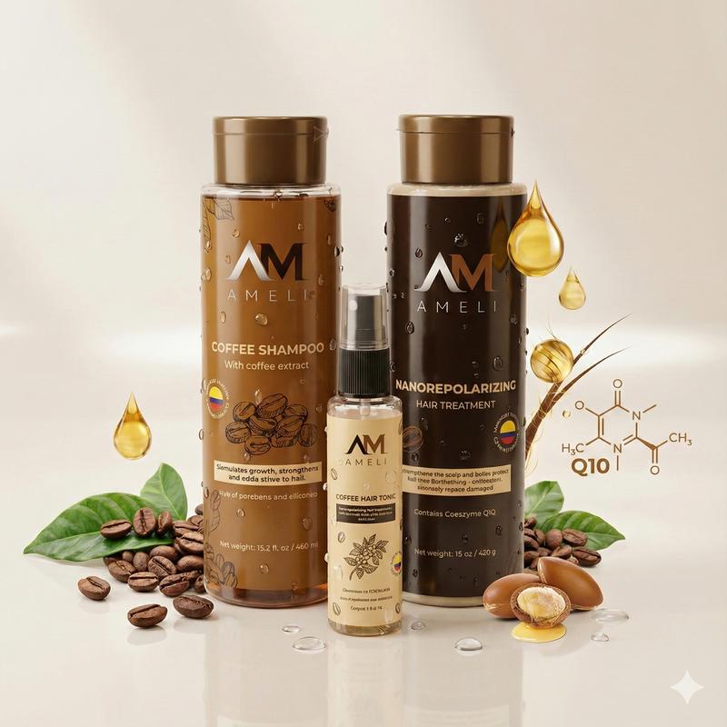 AMELI KIT SHAMPOO TRATAMIENTO NANOREPOLIZADOR Y TONICO DE CAFE Haircare with Coffee Extract for Daily Use Cleanser & Conditioner Haircare Daily Use Daily Use Haircare