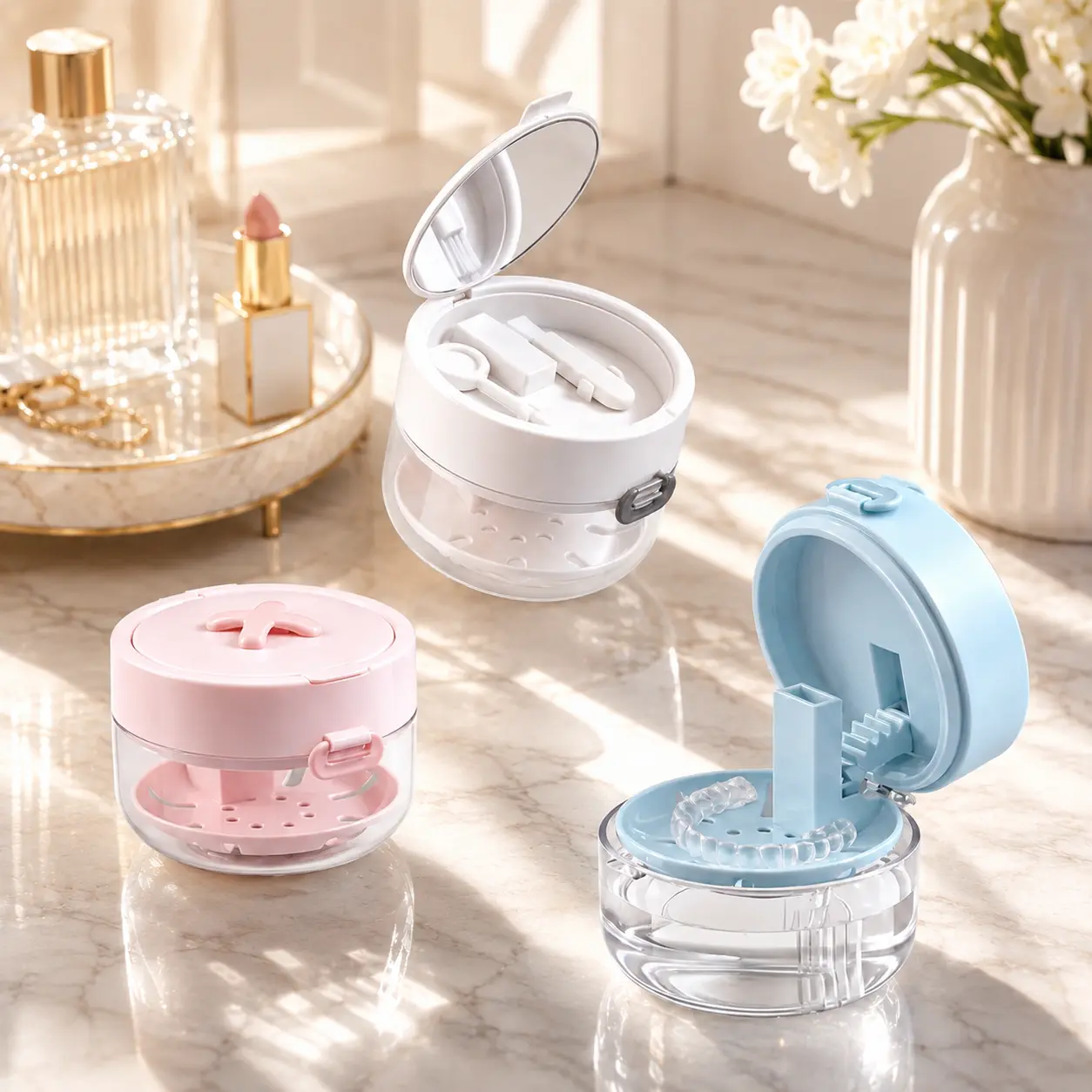 Aesthetic 3-in-1 Retainer Case with Mirror & Brush, Aesthetic Aligner Cleaner Storage Box for Travel