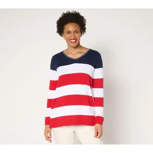 Denim & Co. 100% Cotton Striped Long Sleeve V-Neck Sweater