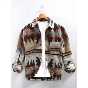 Men's Retro Aztec Pattern Flannel Shirt Jacket - Button-Down Long Sleeve Casual Outerwear with Pocket