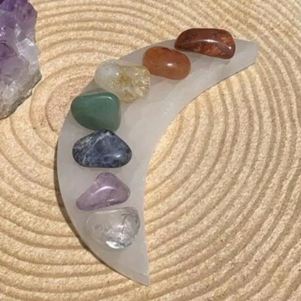 6" Selenite Crescent Moon & 7 Crystal Chakra Set - NEW