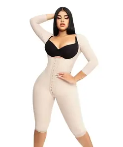 Knee Length Open Bust Bodysuit • Long Sleeves • 3 Compression Hook Levels • Perineal Zipper • Beige • Black (O-025/O-225)