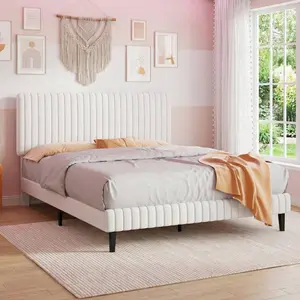 Twin Bed Frame, Velvet Upholstered Platform Bed With Vertical Channel Tufted Headboard And Footboard, Pink/ White/ Green/ Black/ Blue, Full Bed Frame/ Queen Bed Frame/ King Bed Frame﻿