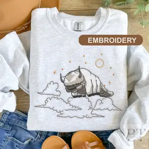 Sky Bison Embroidered Sweatshirt Hoodie T-shirt, Appa Embroidered Crewneck Baby Tee, Anime Embroidered Shirt, Yip Yip Embroidered Shirt