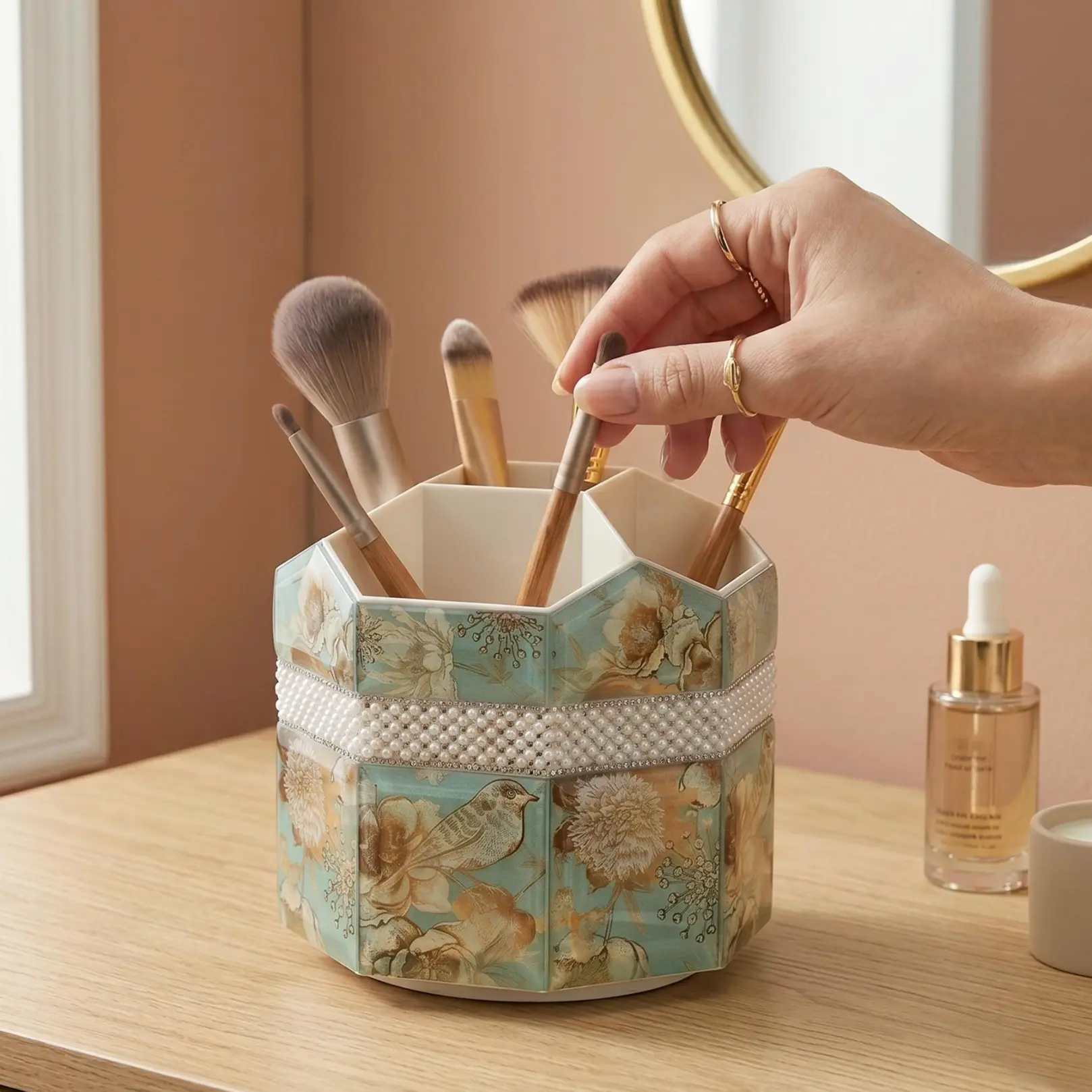 Vintage Floral Rhinestone Pearl-Band Rotating Glass Makeup Brush Holder - 5-Compartment Divided Organizer Cosmetic Organisers for Vanity Organization (Monet Blossom)