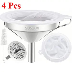 4 Pcs Funnel for Filling Bottles, 5 Inch Food Grade 18/8 Stainless Steel Kitchen Funnel with 200 Mesh Filter Strainer for Fryer Oil Grease Juice Milk Coffee
