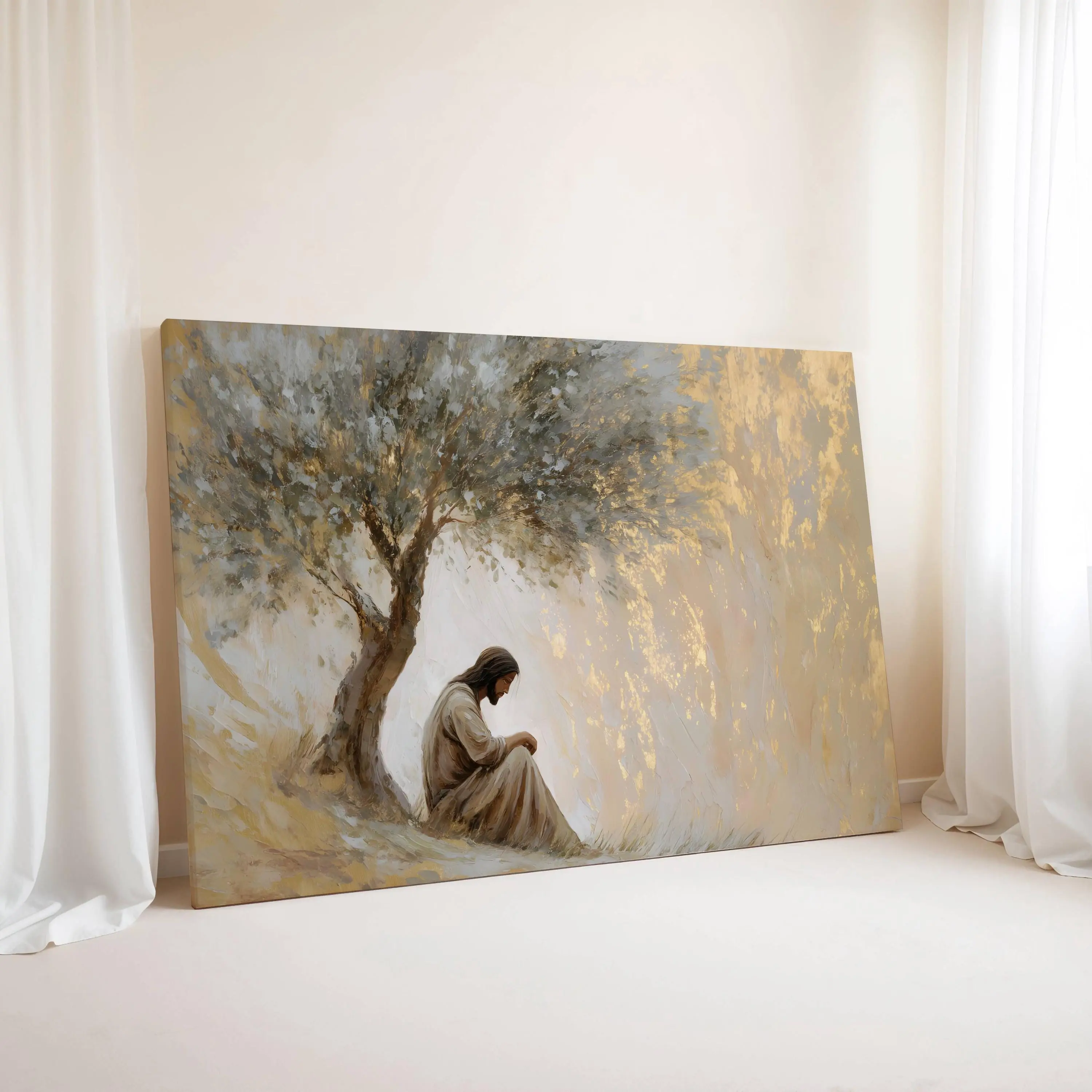 [Unframed] Gethsemane Olive Tree Wall Art Canvas | Jesus Praying in Gethsemane Painting, Modern Christian Home Decor