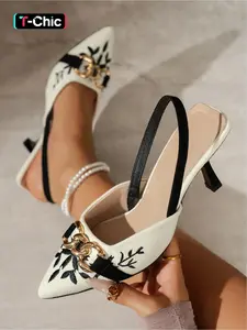 Women's fashionable new pointed-toe closed-toe Strapy Sandals with embroidery, metal buckle, back strap, and stiletto heel. Simple and comfortable, ideal for daily wear, commuting, and parties