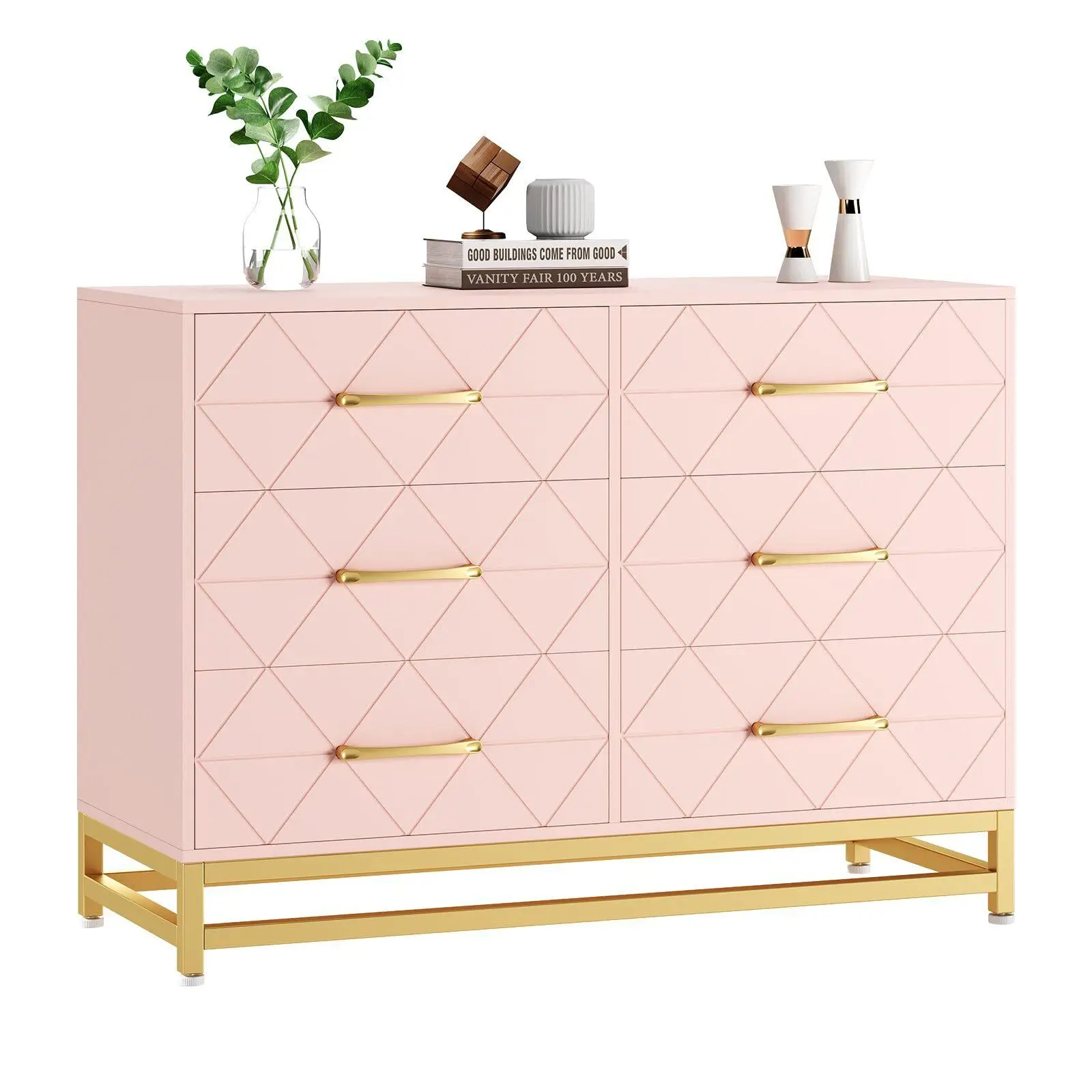 Pink Dresser for Bedroom with 6 Drawer TV Stand Dressers Chest of Drawers Large Wood Dresser for Storage and Organization Modern Accent Cabinet