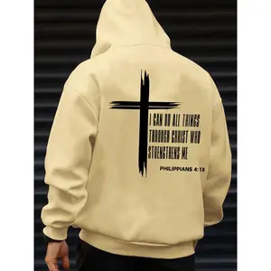Men’s off-shoulder hooded sweatshirt with cross and letter print; fashionable, casual regular-fit hoodie with drawstring and pockets; suitable for daily wear, vacations, and outdoor activities; autumn and winter menswear; hooded letter logo GARMENTARY