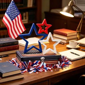 3Pcs 4th of July Star Tiered Tray Decor - Patriotic Red White Blue Wooden Star Ornaments, Independent Day Table Shelf Centerpiece Home Office Decoration,Wooden Star Decor | Memorial Day Independence Day Celebrations, Tabletop Decoration Gifts
