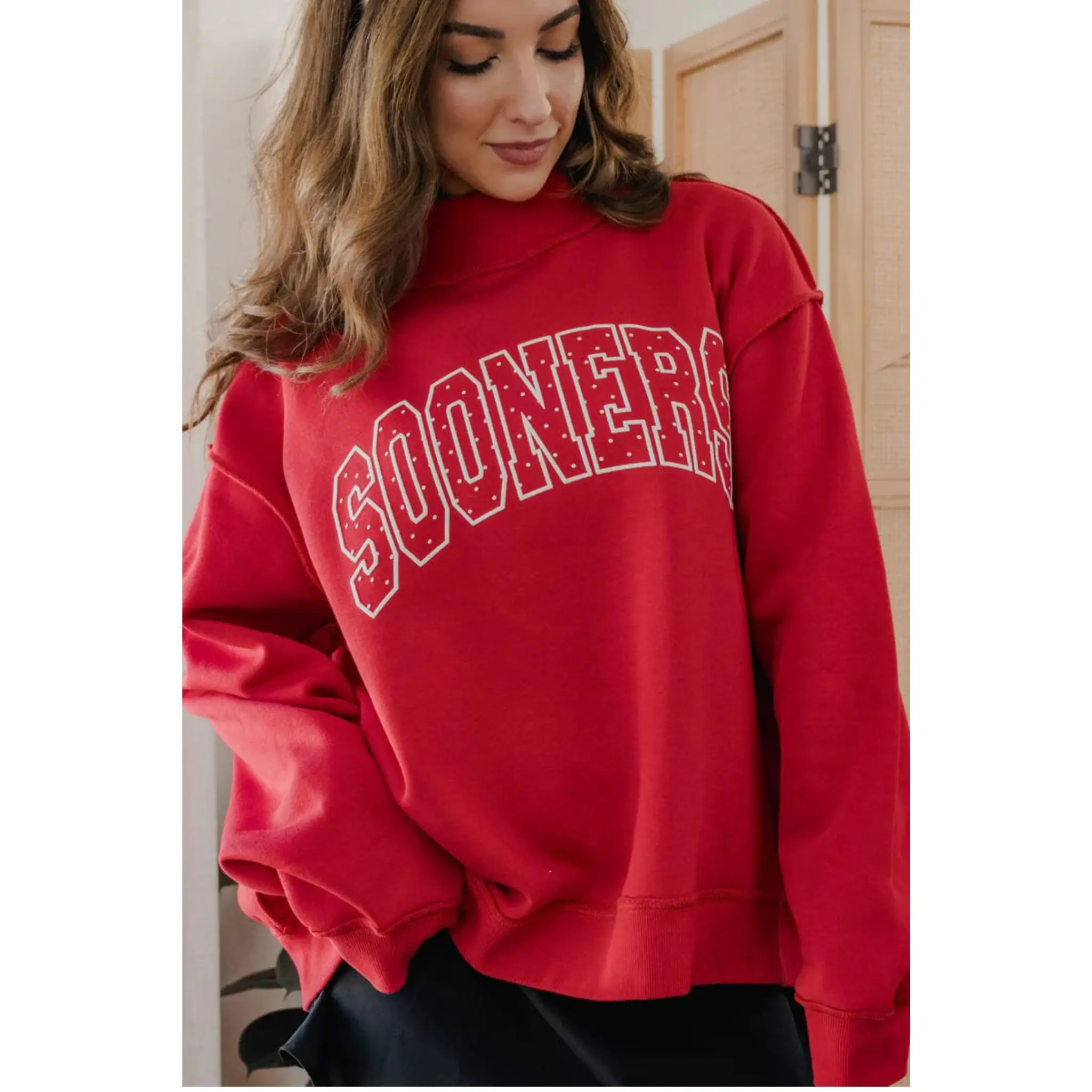 Livy Lu: OU Sooners Polka Dot Puff Reversible Mock Neck Sweatshirt