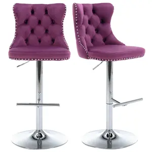 Swivel Counter Height Bar Stools Set of 2, Violet Kitchen Island Barstools, Velvet Adjustable Bar Height Stool Chairs, Tufted Back, Silver Chrome Metal Base (Purple, Velvet, 2 Pcs)