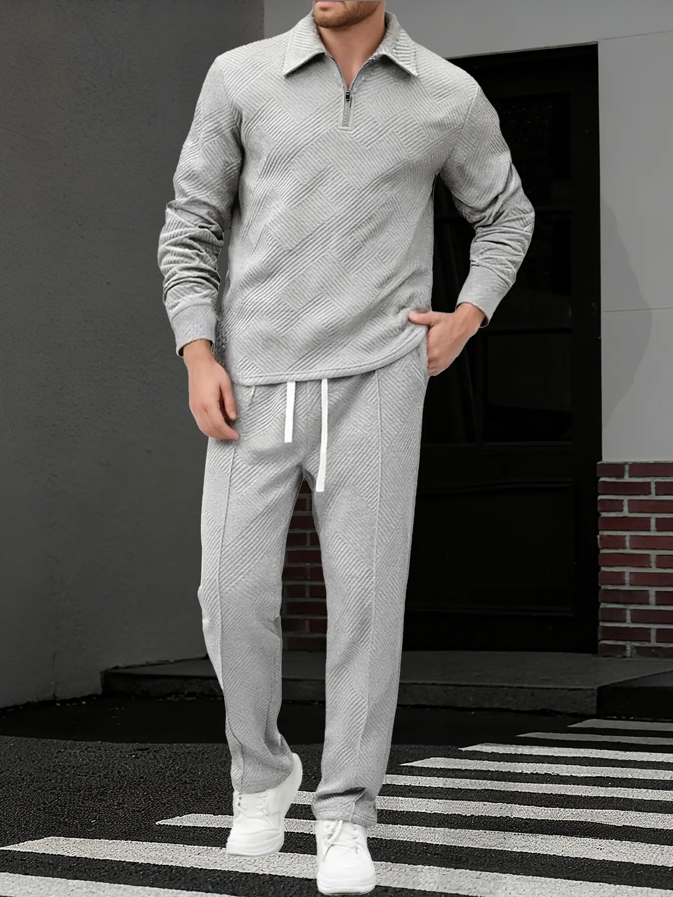 Men's Casual Textured Tracksuit Set - Half-Zip Collared Top and Drawstring Pants, Comfortable Loungewear/Sportswear for Daily Wear, Textured Sweatsuit