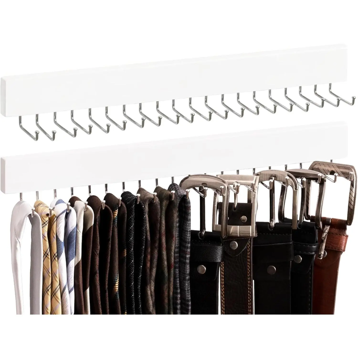 Tie Rack with 20 Hooks, 2-Pack Wall-Mounted Wooden Hangers for Neckties, Belts, Hats, White