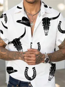 Men's Western cowboy bull skull print and horseshoe print casual slim-fit collared shirt Country Shirt