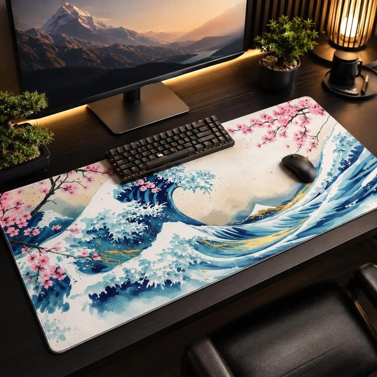 Large Great Wave Desk Mat, Japanese Gaming Mouse Pad, waterproof Mount Fuji Deskmat, XXL Smooth surface Keyboard Mat, Non Slip Office Mat