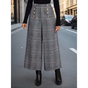 Plus Size High Waist Plaid Wool Blend Wide Leg Pants, Vintage American Commuter Style, Dual Row Metal Buttons, Nine-Quarter Drop Design
