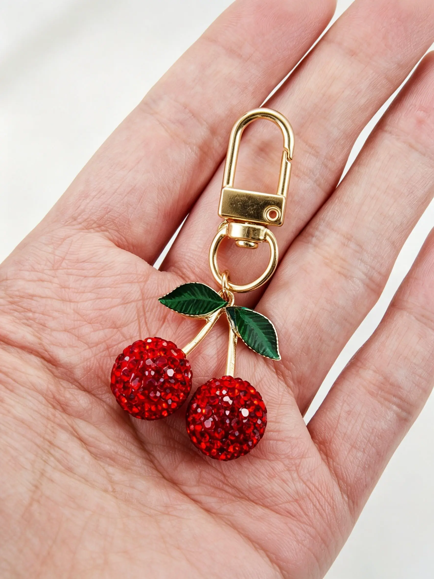 Full-Rhinestone Cherry Bag Charm, 3D Double Cherry Design, High-Density Rhinestones, Luxurious Full-Diamond, Rust-Resistant, Fade-Proof, Sparkly Bag Charm, Charms For Purses, Handbag Charms, Top Tier Charms, Fashion Bag Charms