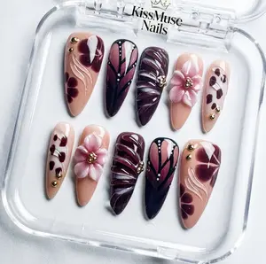 KissMuse Nails | CRIMSON FLUTTER | ST-T018 | 3D Flower Press On Nails, Reusable Almond Fake Nails with Leopard Print, Luxury Handmade Press-On Nails for Women