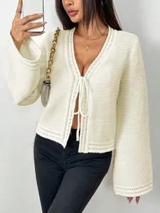 Women's Cream Knit Cardigan with Bell Sleeves, Tie Front V-Neck Sweater, Open Front Loose Fit Long Sleeve Knitwear, Soft Lightweight Casual Outerwear for Spring Fall Layering, Chic Minimalist Style Pullover Top for Daily, Work, Brunch or Travel Beige