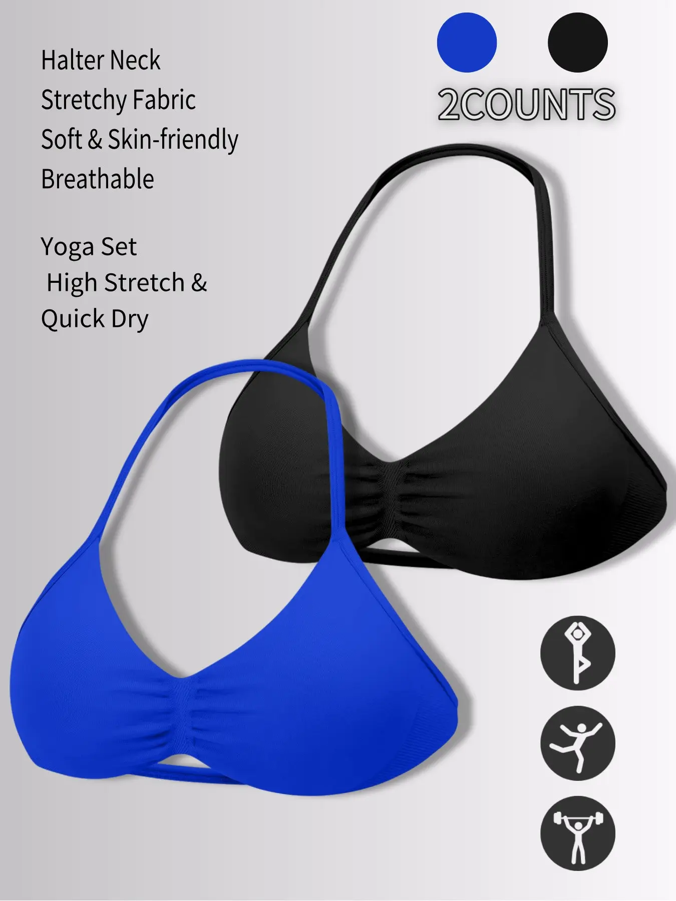 2 Pack Halter Yoga Sports Bras for Women, Backless Gym Activewear, High Stretch Quick Dry Breathable Workout Gym Bra, Soft Skin-friendly Fitness Tops
