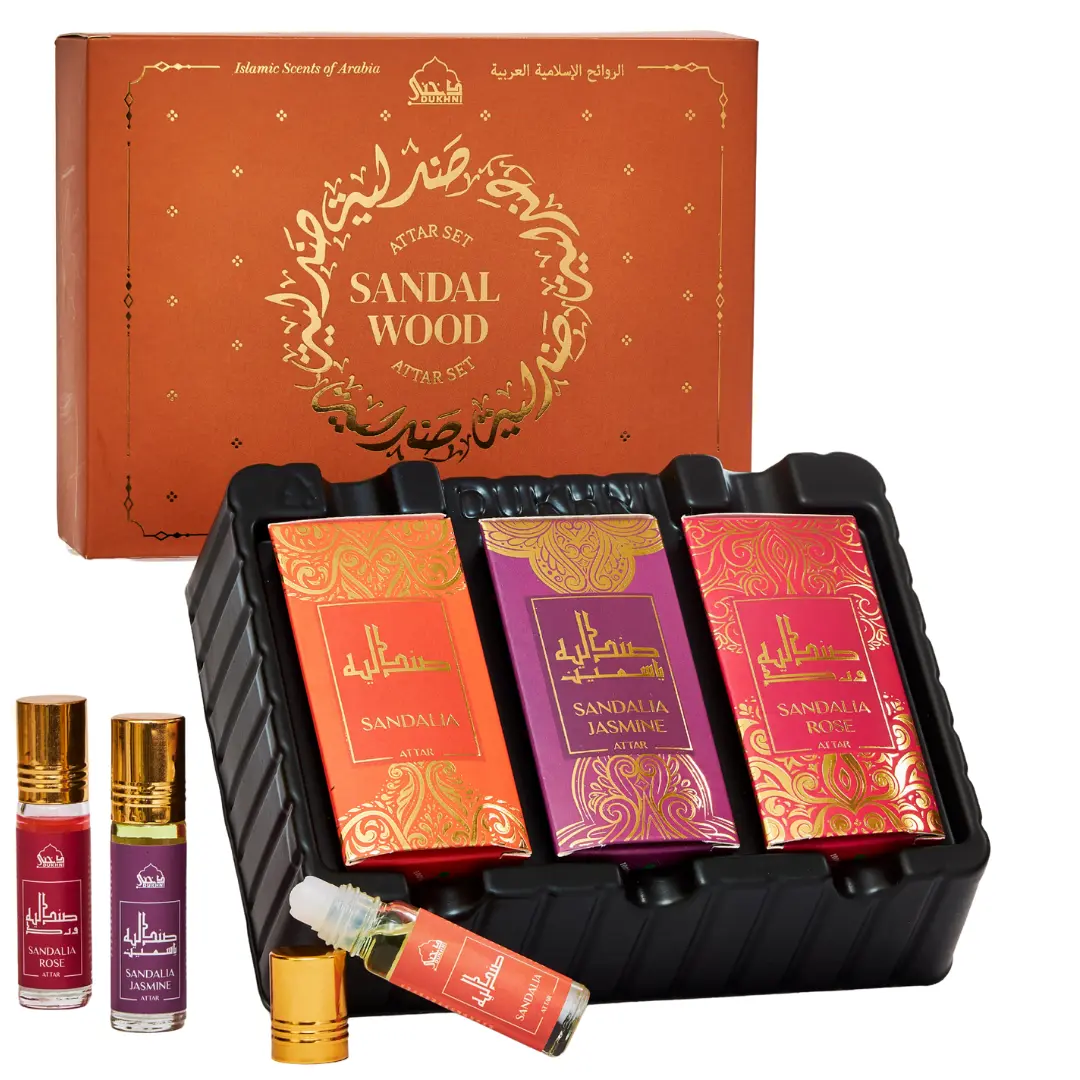 Dukhni Sandalwood Attar Oil Set Arabian sandalwood perfume oils | 3 assorted scents x 6ml | Alcohol free, Vegan, Sandalia Collection Set for Gifting | Chandan Prayer Oils, Islamic Fragrances Unisex