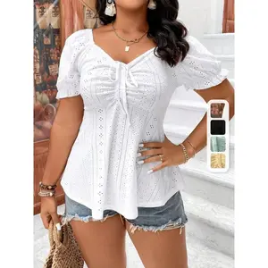 [Embroidered Sweetheart Neck T-Shirt] Eyelet Embroidered Sweetheart Neck T-Shirt, Elegant Short Sleeve T-Shirt Plus Size Outfits Womenswear