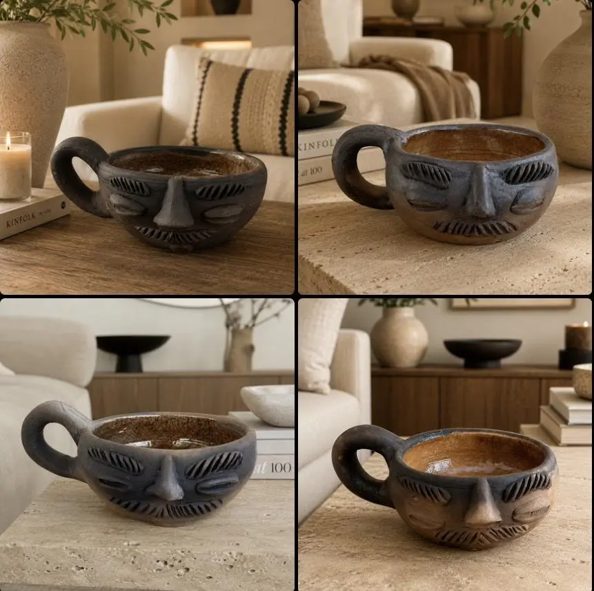 Folk Art Face Clay Mug Handmade Pottery From Oaxaca Mustache Artisan Coffee Cup Mexican Folk Design Handmade By Mexican Artisans