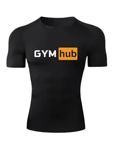 Men's GYM HUB Letter Print Short Sleeve Compression Shirt, Gym Workout Fitness Running T-Shirt Tees, Tight-Fitting Sporty Rash Guard Baselayers Undershirts, Summer Quick-Dry Breathable Round Neck Shirt