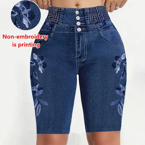 Women's Casual Tight-Fitting Shorts, Fitted, Non-Denim Fabric, Embroidered Print Jeans Look, All Seasons Wear, Comfortable Bottoms, Graphic Shorts, Casual Fashion Shorts