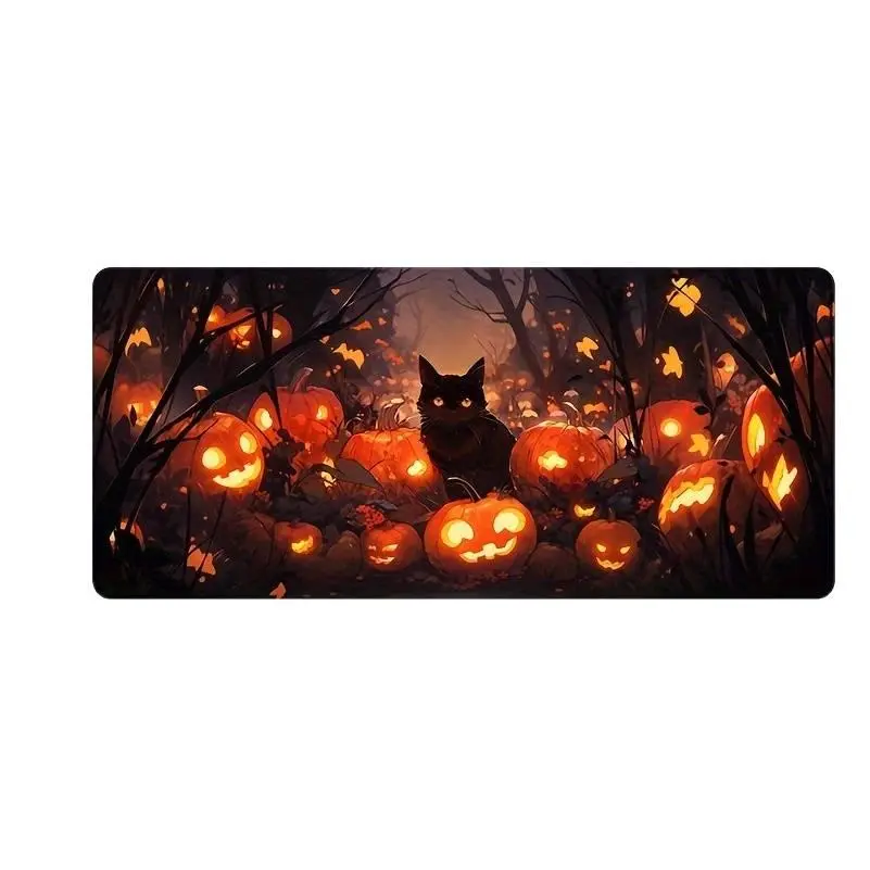 Extra Large Edged Anti-slip E-sports Gaming Desk Mat with Anime Jack-o'-lantern Halloween Pattern, Computer Keyboard & Mouse Pad for Office, Study and Desk Use, Ideal as a Gift, Size 24×12 inches