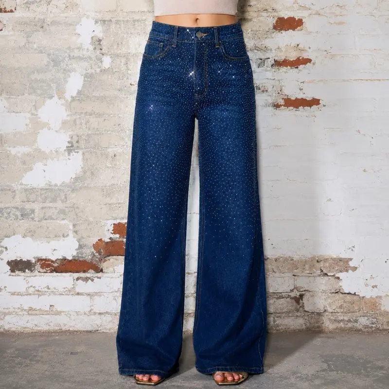 High-rise wide leg iridescent rhinestone jeans