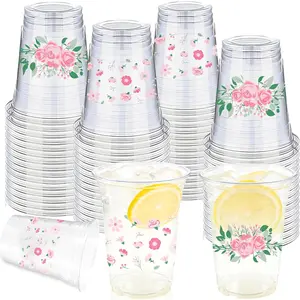 50 Pieces Floral Plastic Cups, 16 Oz Floral Clear Disposable Cups Bulk Flower Plastic Drinking Cup for Spring Summer Party Favor Flower Birthday Wedding Party Supplies