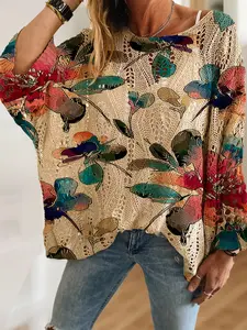 Women's Bohemian Watercolor Floral Print Round Neck Long Sleeve Knit Hollow Out Top, Casual Elegant Vacation Style Sweater