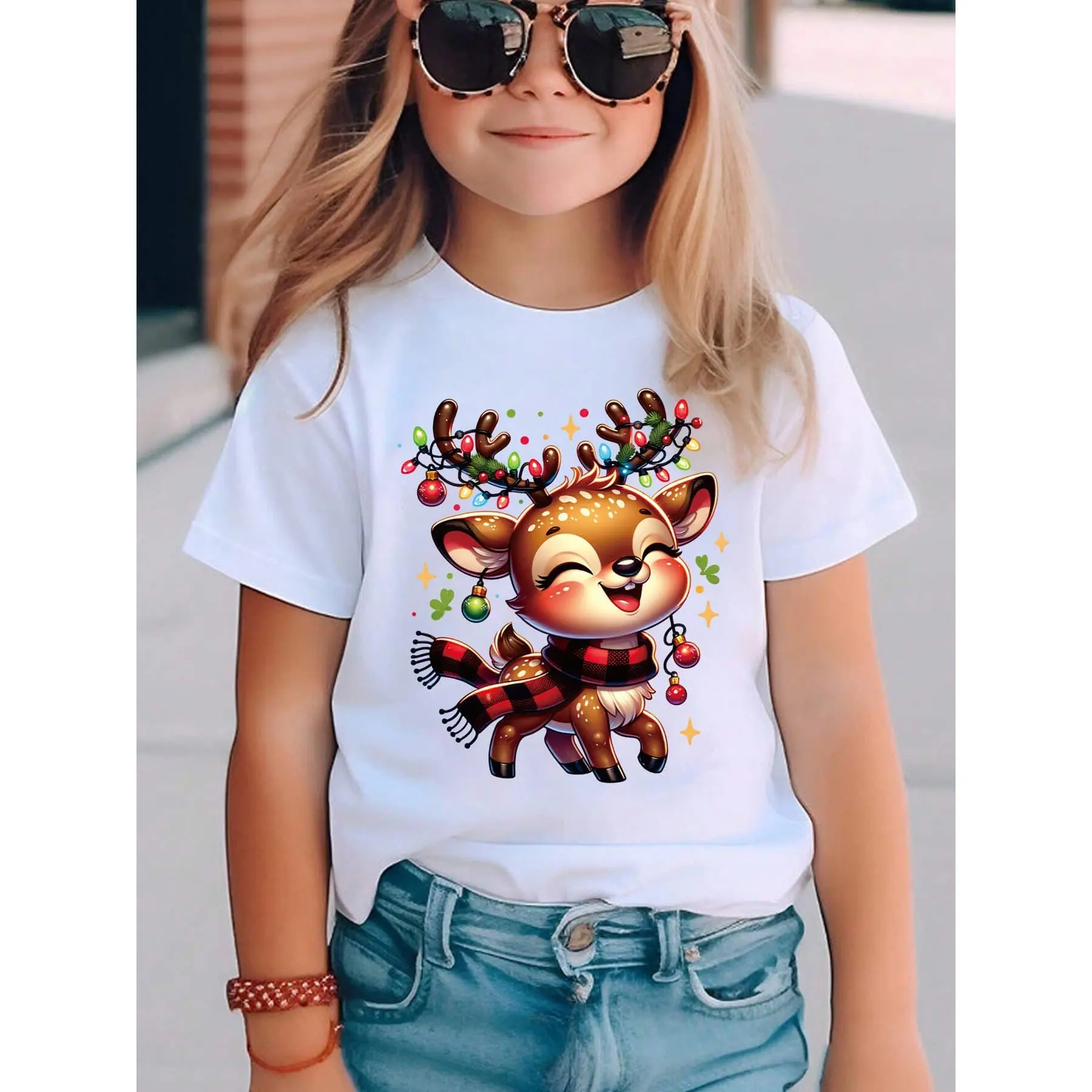 Girls' T-Shirt, White Short Sleeve with Cute Smiling Reindeer & Christmas Print, Round Neck Top for Holiday Parties & Christmas Outfits, Small, 'Easy-Care Blouse NY-D', Summer Casual, No-Sew Deer Applique-like Design with Lettering