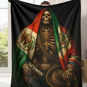 Mexican Skeleton Flannel Blanket with Flag and Revolver Design  Soft Warm Durable  Great for Home Decor  Couch Throw  Festival Celebration  Themed Party  Unique Gift