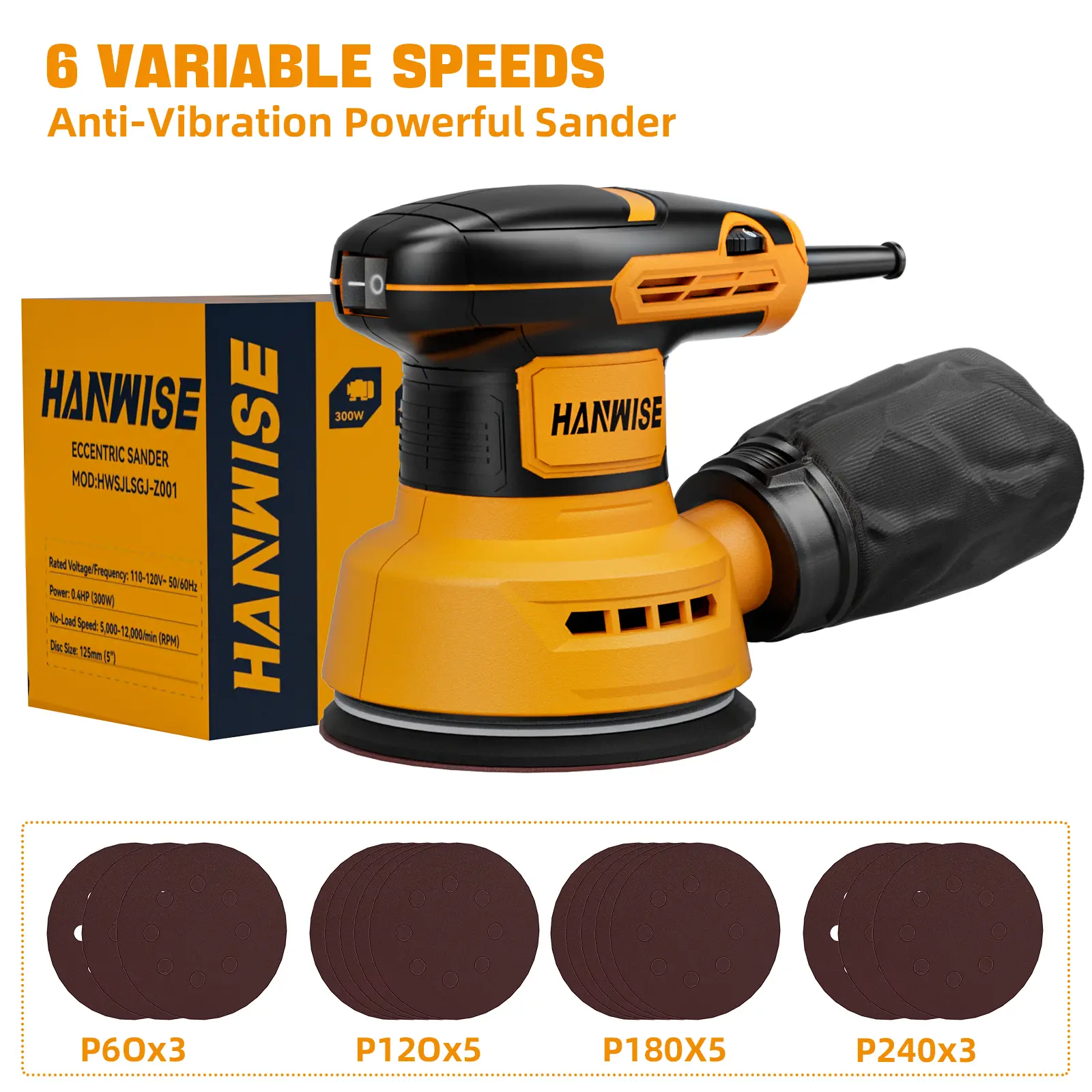 300W 6-Speed Sander, 5000-12000 OPM Electric Sanding Machine With 15Pcs P60-P240 Sanding Discs, 125mm Pad For Woodworking, Paint Removal & Metal Rust Cleaning